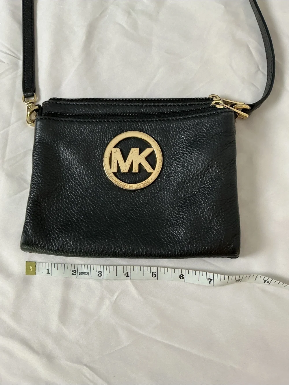 Michael Kors Black Leather Crossbody with Gold MK Medallion